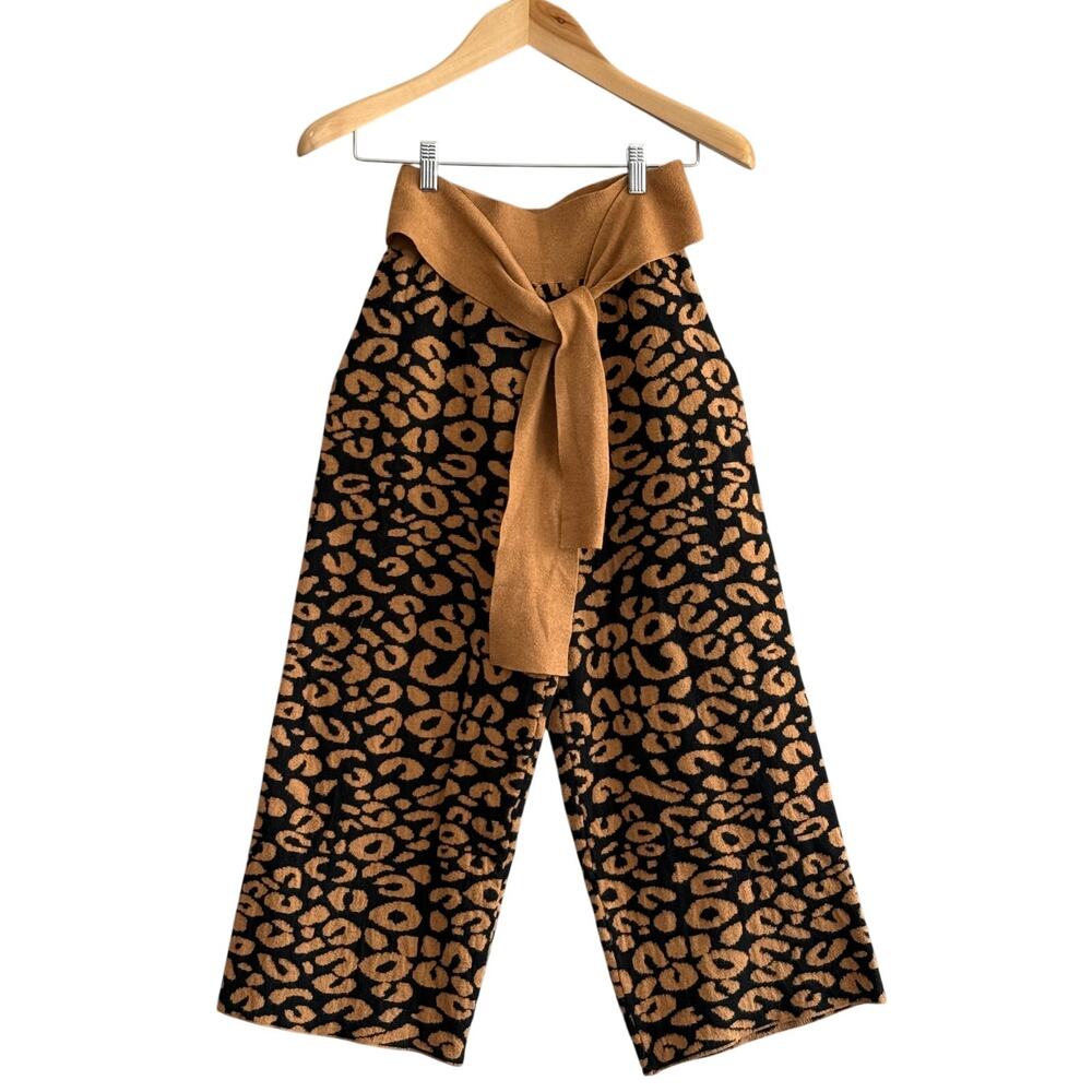 Leopard Print Wide Leg Sweater Knit Crop Pants Tie Waist Soft Boutique THML Sz S